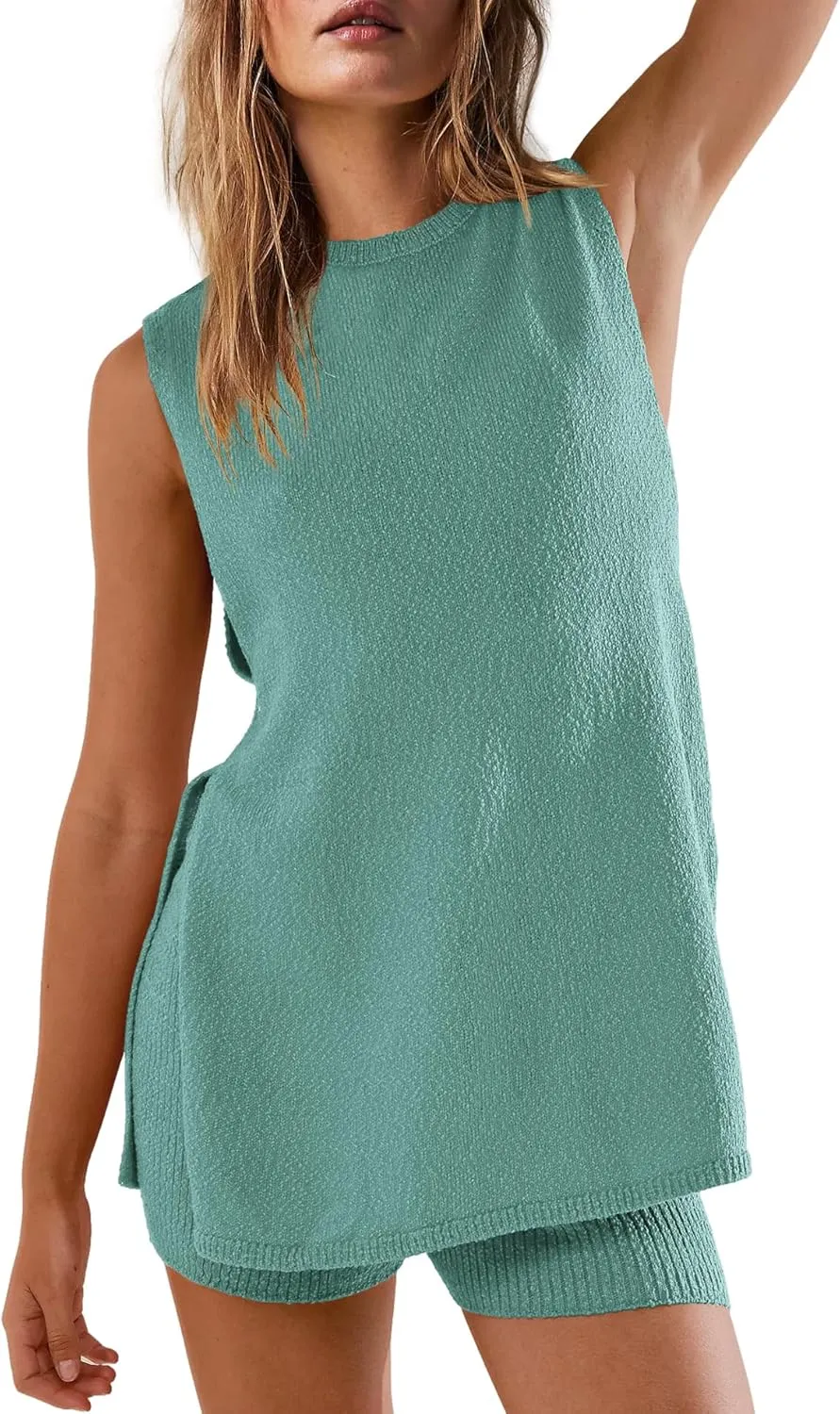 Yanekop Womens Summer Knit Lounge Sets Sleeveless Sweater Set 2 Piece Outfit Sets Matching Sets Loungewear