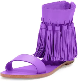 YDN Women Fashion Fringes Flats Tassels Open Toe Sandals Low-Heel Back Zipper Shoes