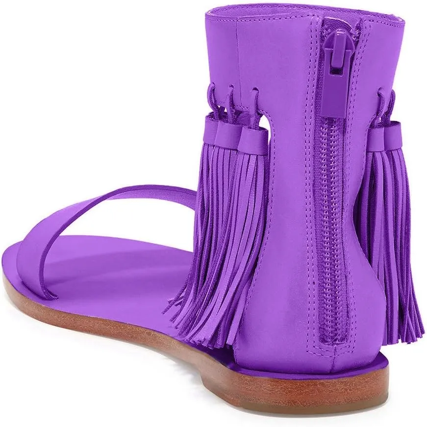 YDN Women Fashion Fringes Flats Tassels Open Toe Sandals Low-Heel Back Zipper Shoes