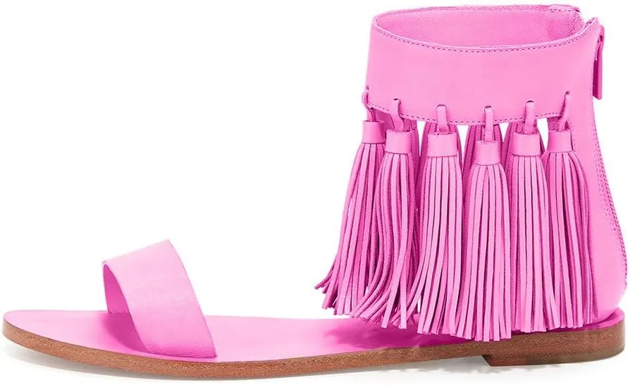 YDN Women Fashion Fringes Flats Tassels Open Toe Sandals Low-Heel Back Zipper Shoes