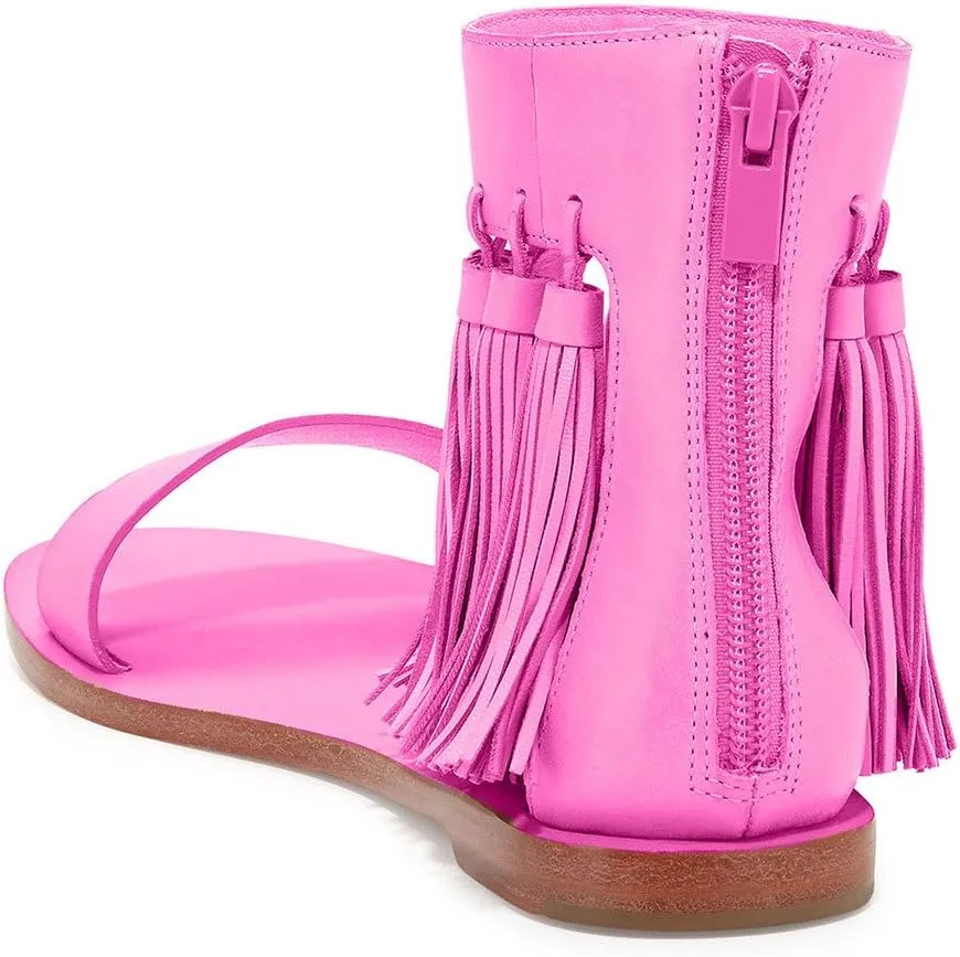 YDN Women Fashion Fringes Flats Tassels Open Toe Sandals Low-Heel Back Zipper Shoes