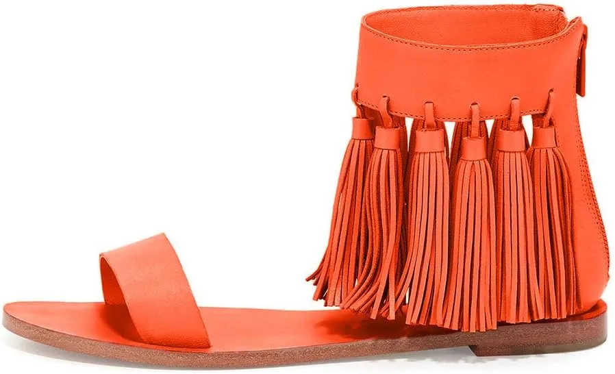 YDN Women Fashion Fringes Flats Tassels Open Toe Sandals Low-Heel Back Zipper Shoes