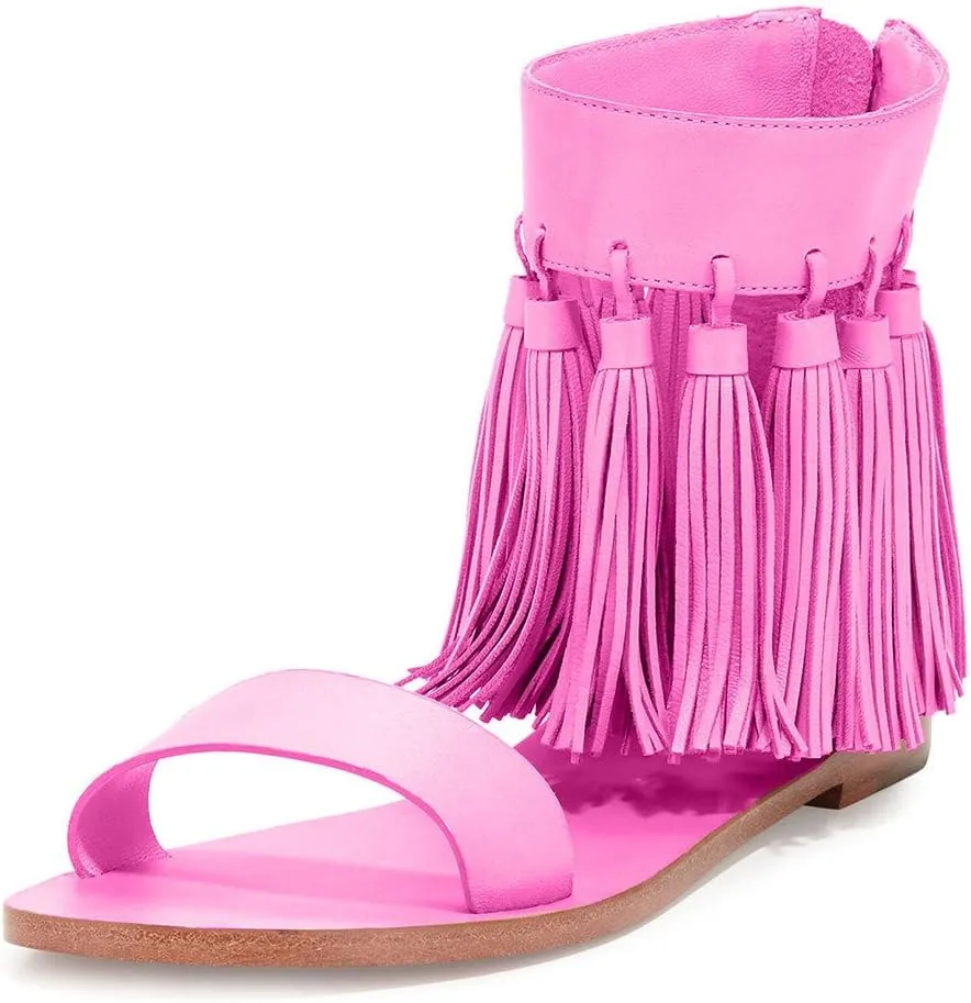 YDN Women Fashion Fringes Flats Tassels Open Toe Sandals Low-Heel Back Zipper Shoes