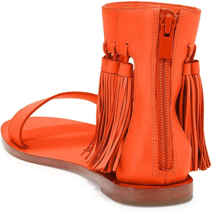 YDN Women Fashion Fringes Flats Tassels Open Toe Sandals Low-Heel Back Zipper Shoes