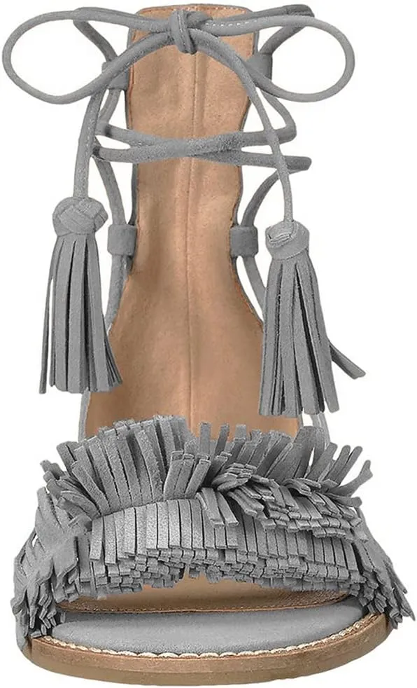 YDN Women's Stacked Low Heels Fringes Sandals Open Toe Flats Lace up Night Club Shoe