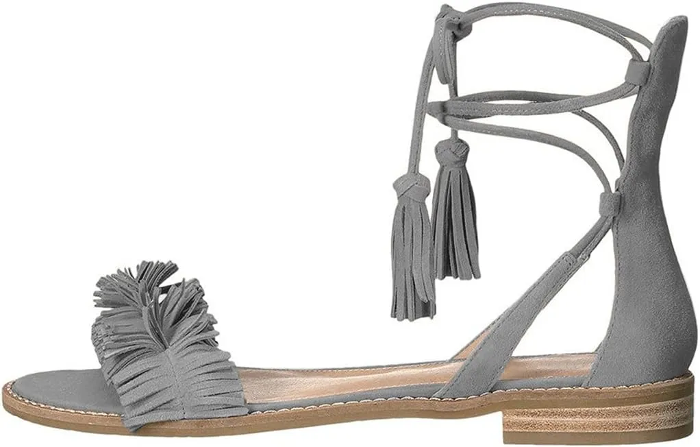 YDN Women's Stacked Low Heels Fringes Sandals Open Toe Flats Lace up Night Club Shoe