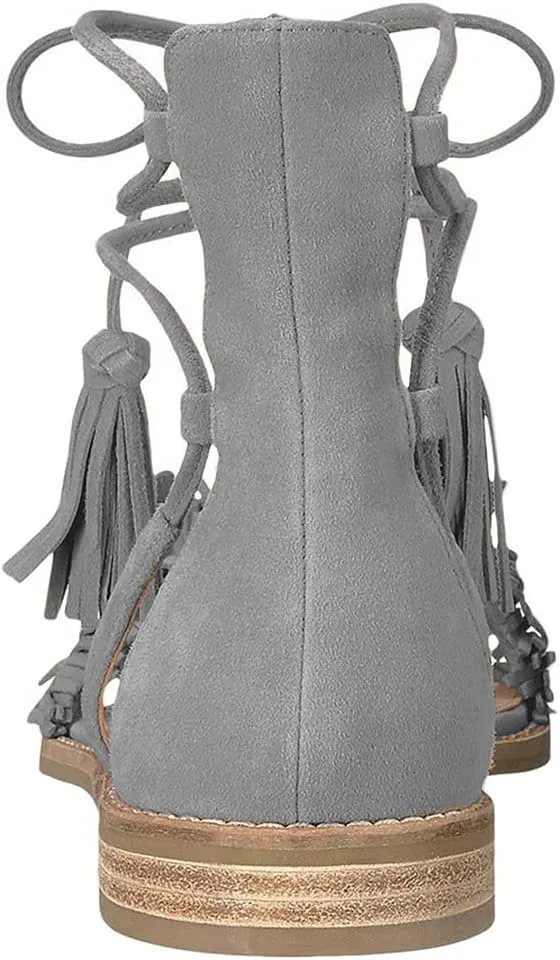 YDN Women's Stacked Low Heels Fringes Sandals Open Toe Flats Lace up Night Club Shoe