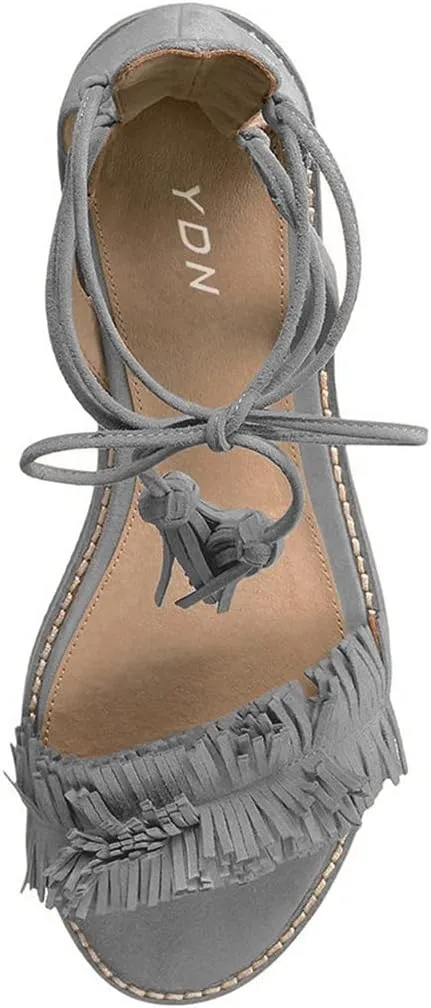YDN Women's Stacked Low Heels Fringes Sandals Open Toe Flats Lace up Night Club Shoe