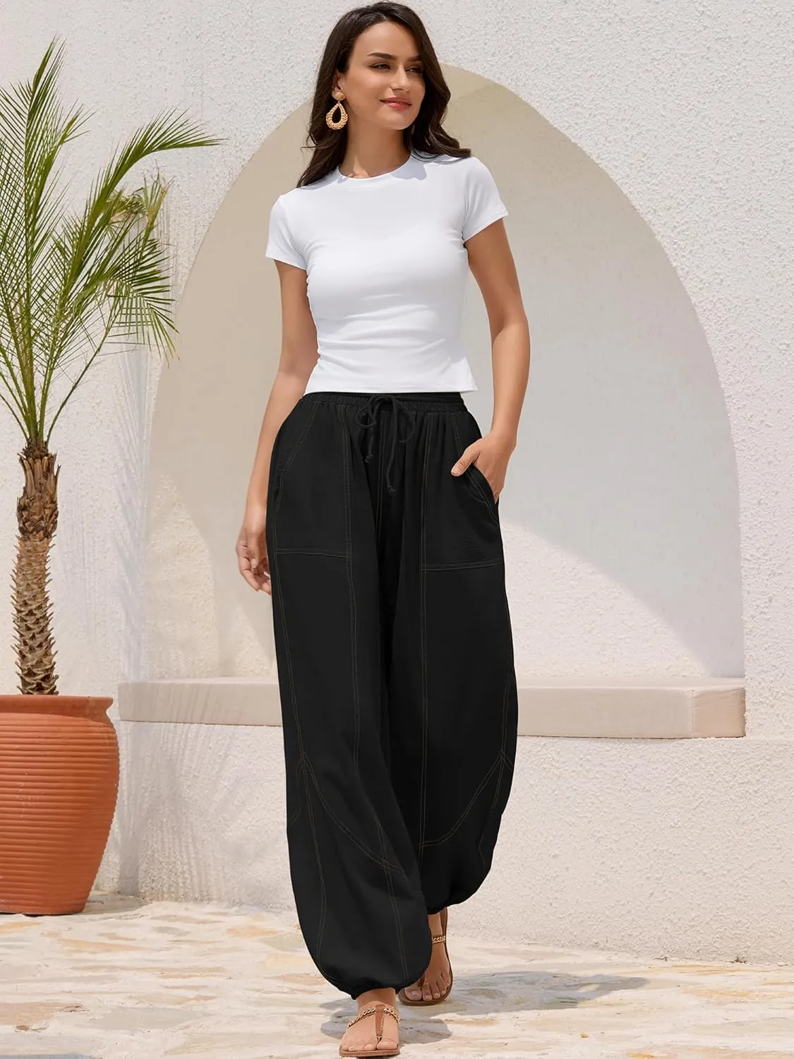 ZAFUL Women Casual Linen Pants Lightweight Drawstring Elastic Waist Lounge Beach Summer Pants with Pockets