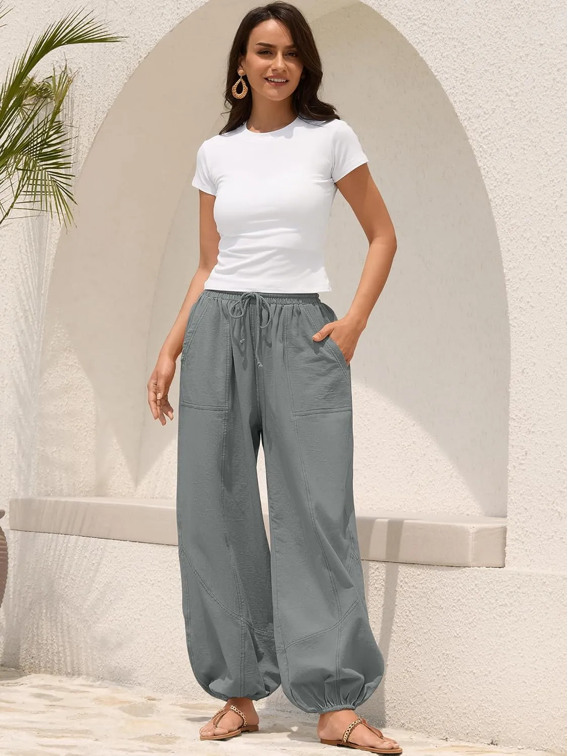 ZAFUL Women Casual Linen Pants Lightweight Drawstring Elastic Waist Lounge Beach Summer Pants with Pockets