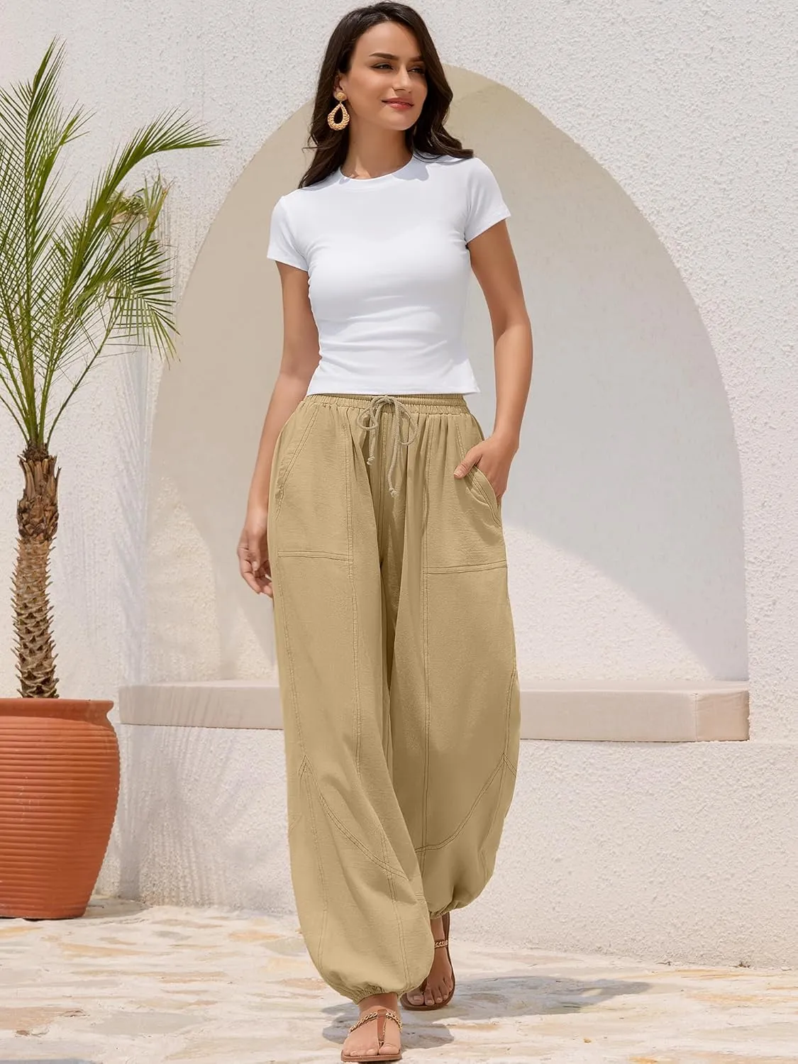 ZAFUL Women Casual Linen Pants Lightweight Drawstring Elastic Waist Lounge Beach Summer Pants with Pockets