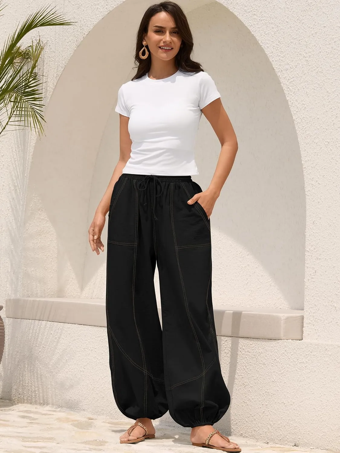 ZAFUL Women Casual Linen Pants Lightweight Drawstring Elastic Waist Lounge Beach Summer Pants with Pockets