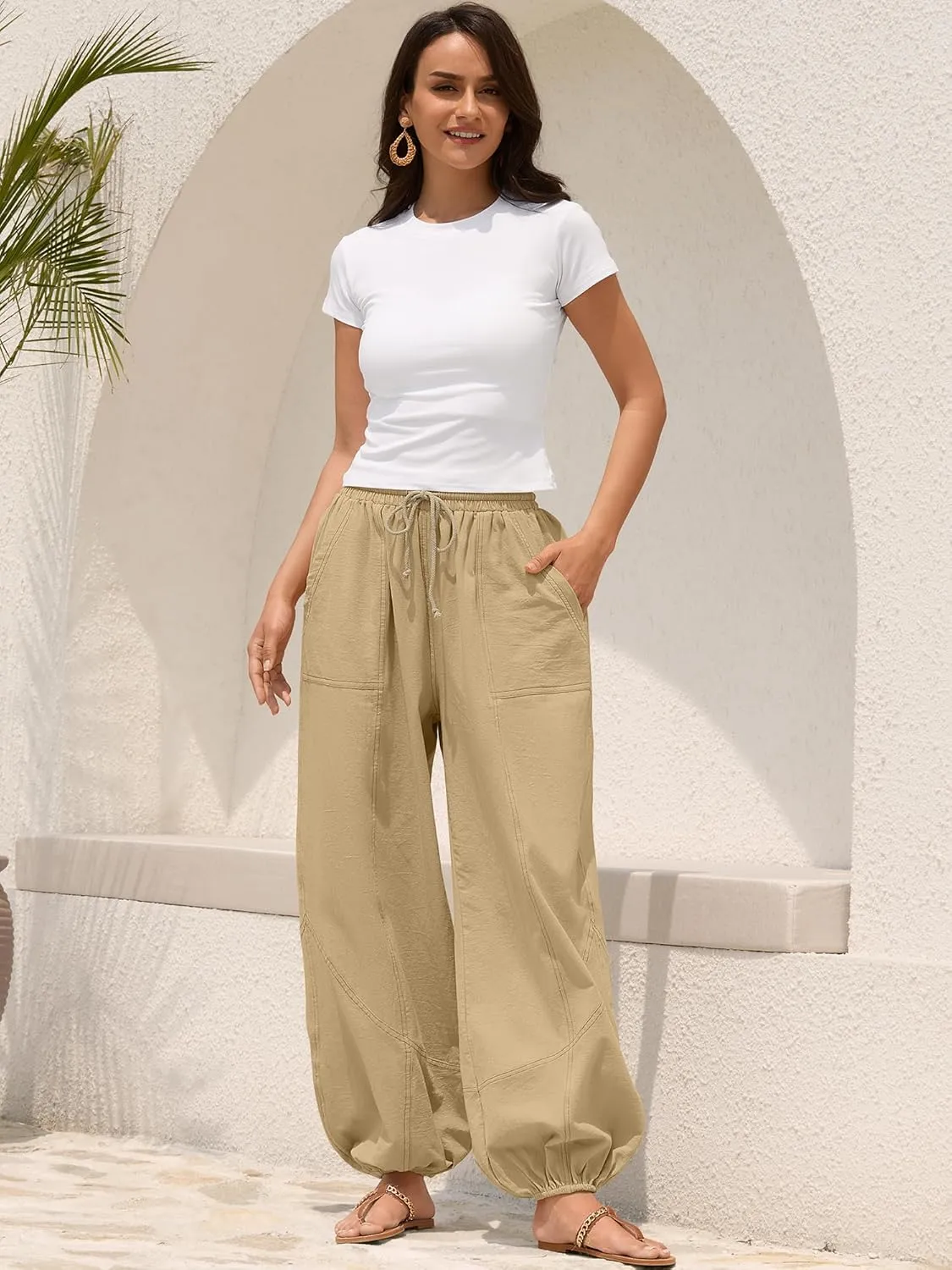 ZAFUL Women Casual Linen Pants Lightweight Drawstring Elastic Waist Lounge Beach Summer Pants with Pockets