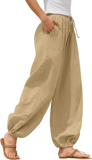 ZAFUL Women Casual Linen Pants Lightweight Drawstring Elastic Waist Lounge Beach Summer Pants with Pockets