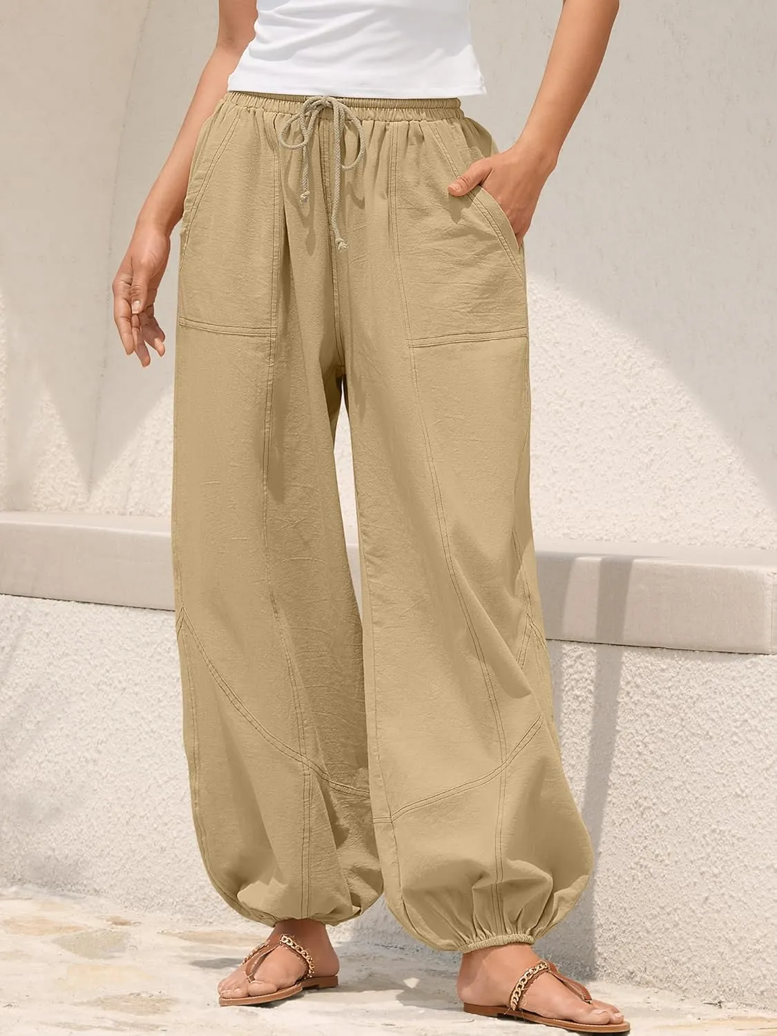 ZAFUL Women Casual Linen Pants Lightweight Drawstring Elastic Waist Lounge Beach Summer Pants with Pockets