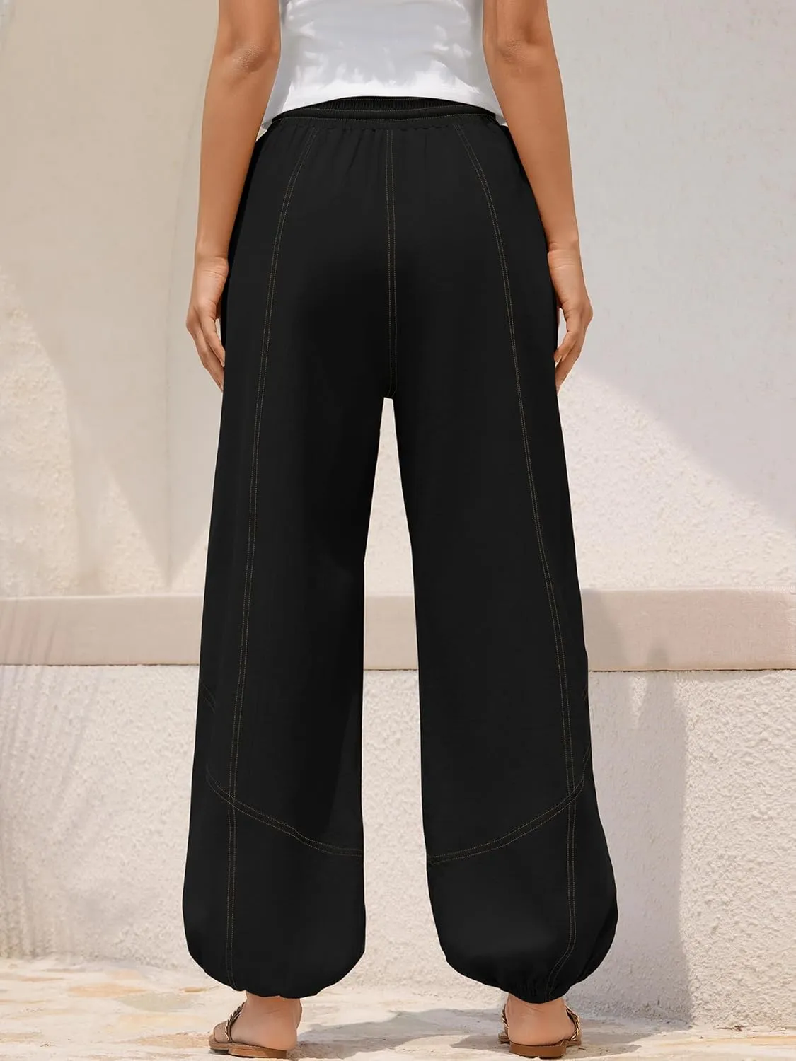 ZAFUL Women Casual Linen Pants Lightweight Drawstring Elastic Waist Lounge Beach Summer Pants with Pockets