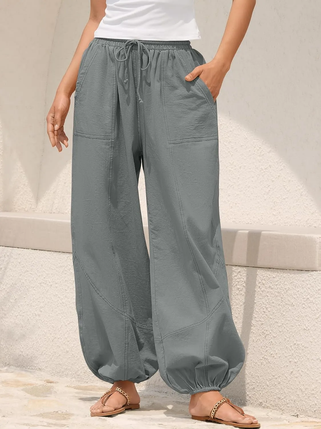 ZAFUL Women Casual Linen Pants Lightweight Drawstring Elastic Waist Lounge Beach Summer Pants with Pockets