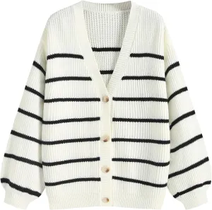 ZAFUL Women's Striped Cardigan Long Sleeve Button Up Open Front Knit Oversized Sweater
