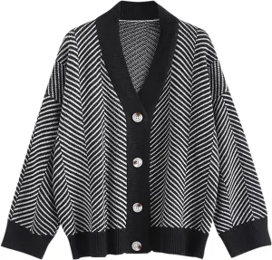 ZAFUL Women's Striped Cardigan Long Sleeve Button Up Open Front Knit Oversized Sweater