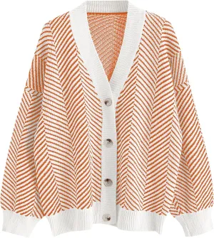 ZAFUL Women's Striped Cardigan Long Sleeve Button Up Open Front Knit Oversized Sweater