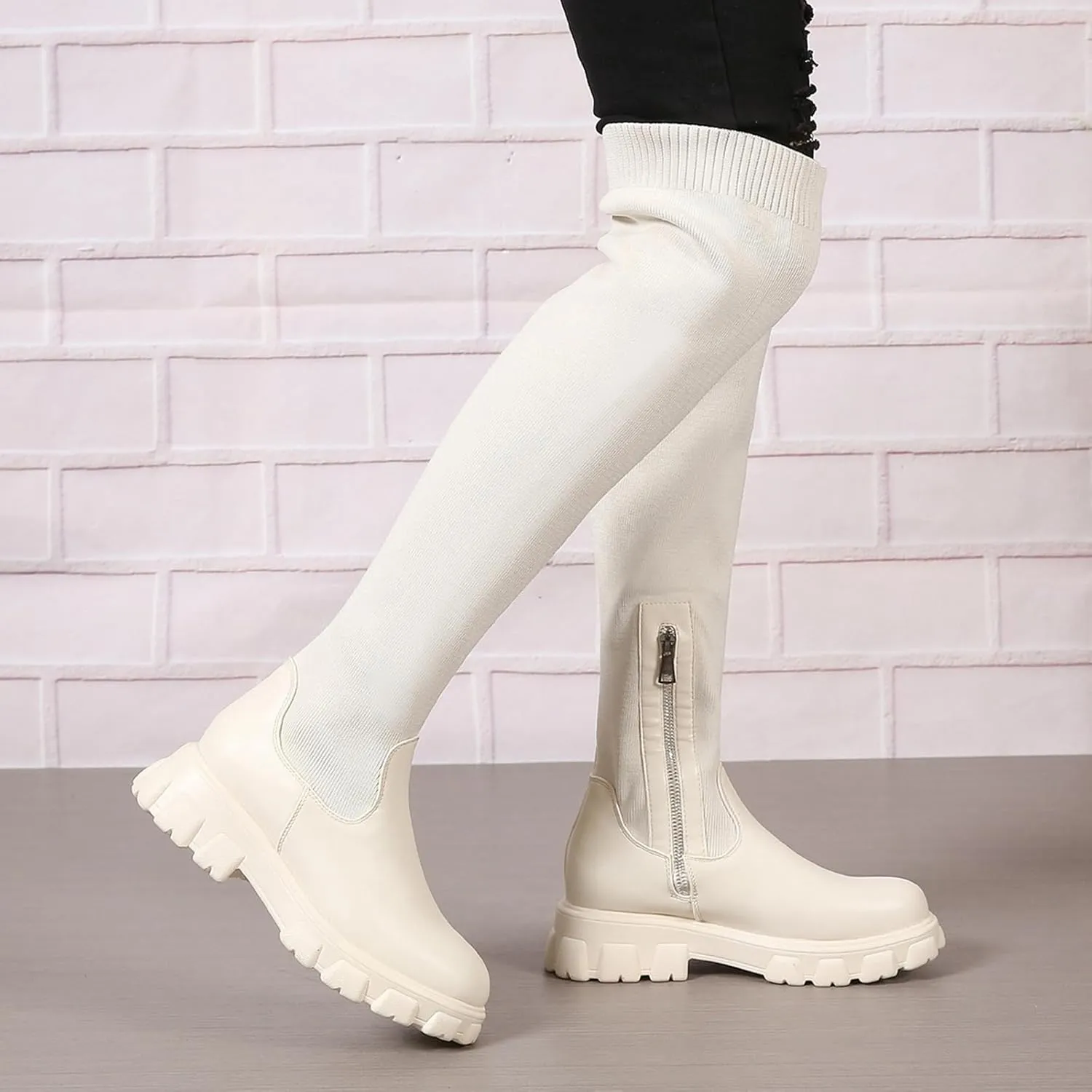 ZBYY Women's Over The Knee Platform Thigh High Boots Long Stretch Soft Round Toe Mid Chunky Heel Lug Sole Fall Boots