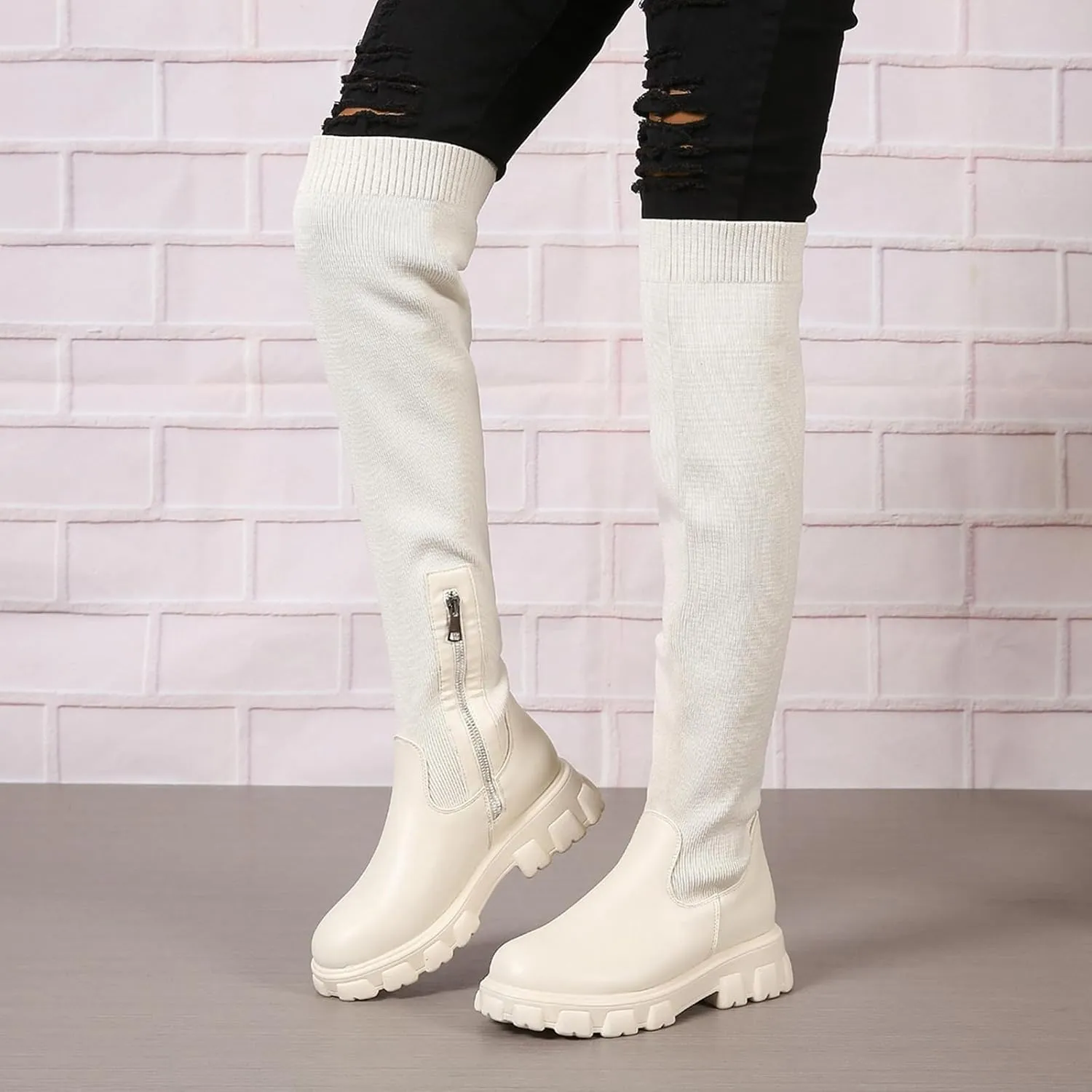 ZBYY Women's Over The Knee Platform Thigh High Boots Long Stretch Soft Round Toe Mid Chunky Heel Lug Sole Fall Boots