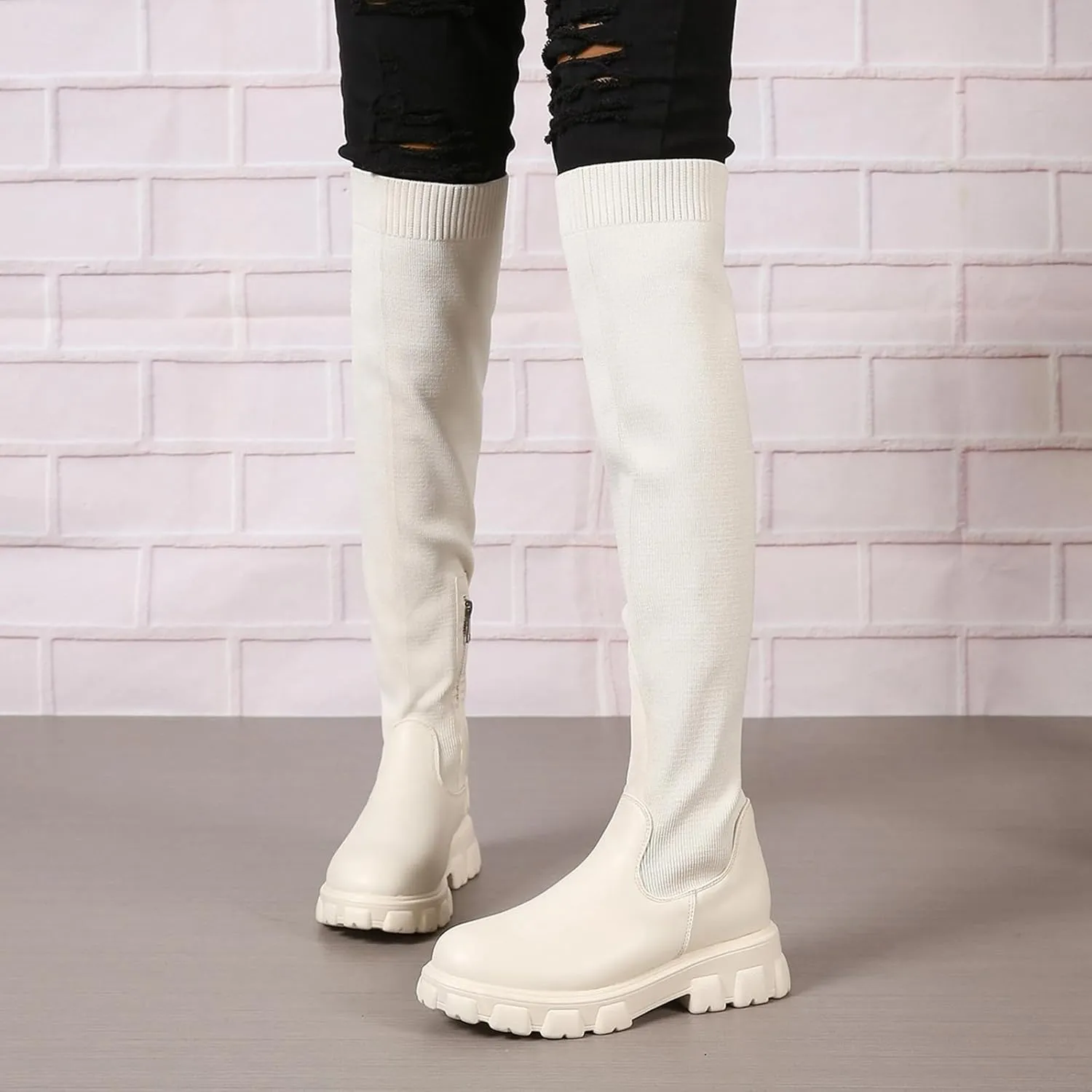 ZBYY Women's Over The Knee Platform Thigh High Boots Long Stretch Soft Round Toe Mid Chunky Heel Lug Sole Fall Boots