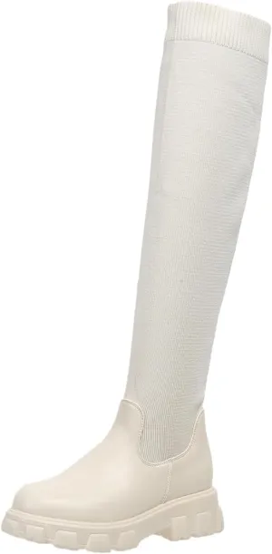 ZBYY Women's Over The Knee Platform Thigh High Boots Long Stretch Soft Round Toe Mid Chunky Heel Lug Sole Fall Boots