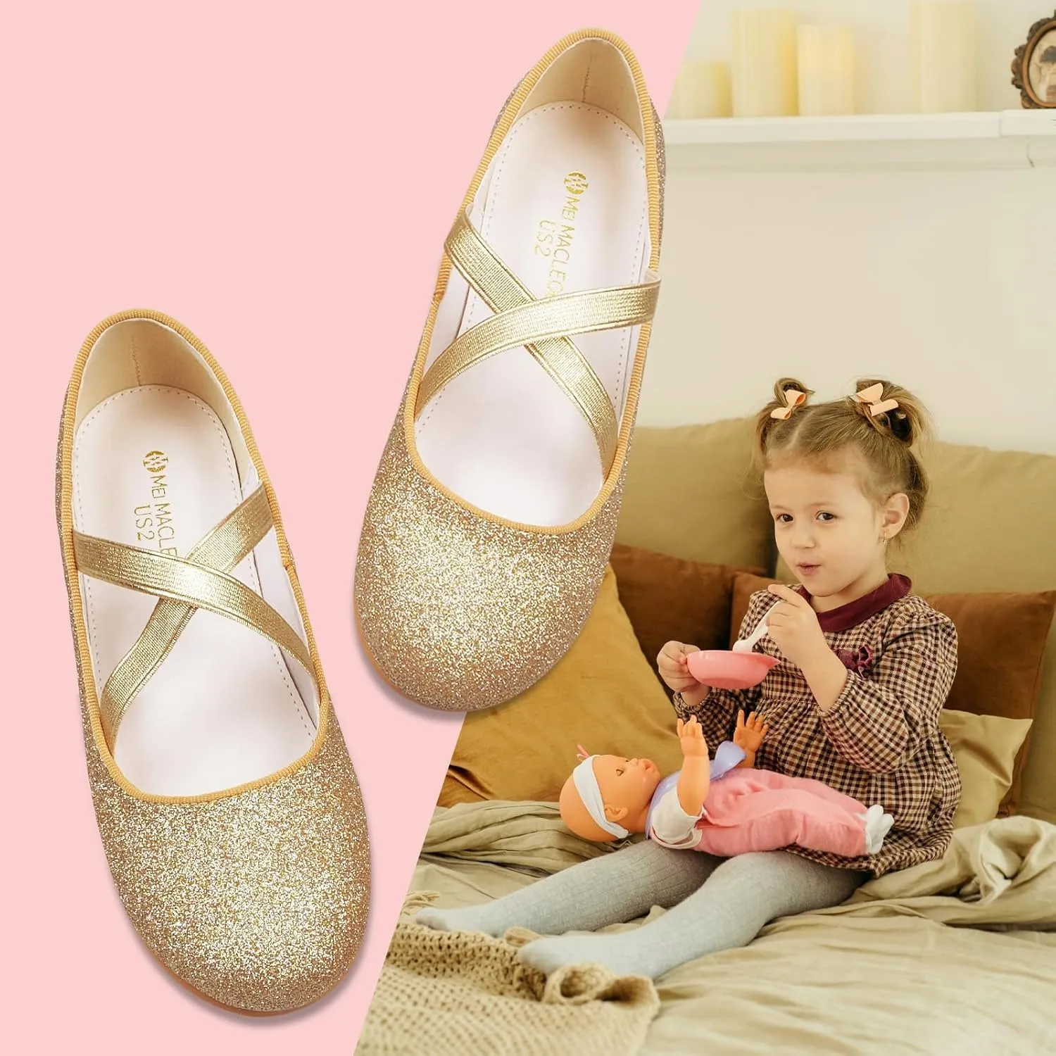 ZGDG Girls Flat Dress Shoes Ballet Shoes,Glitter Mary Jane Flats Wedding Party Ballerinas with Elastic Strap for Little/Big Kid