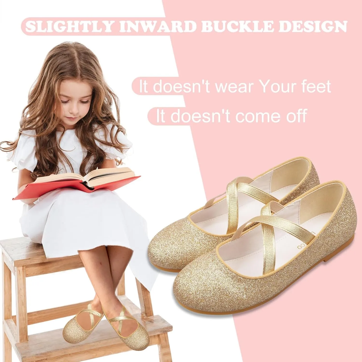 ZGDG Girls Flat Dress Shoes Ballet Shoes,Glitter Mary Jane Flats Wedding Party Ballerinas with Elastic Strap for Little/Big Kid