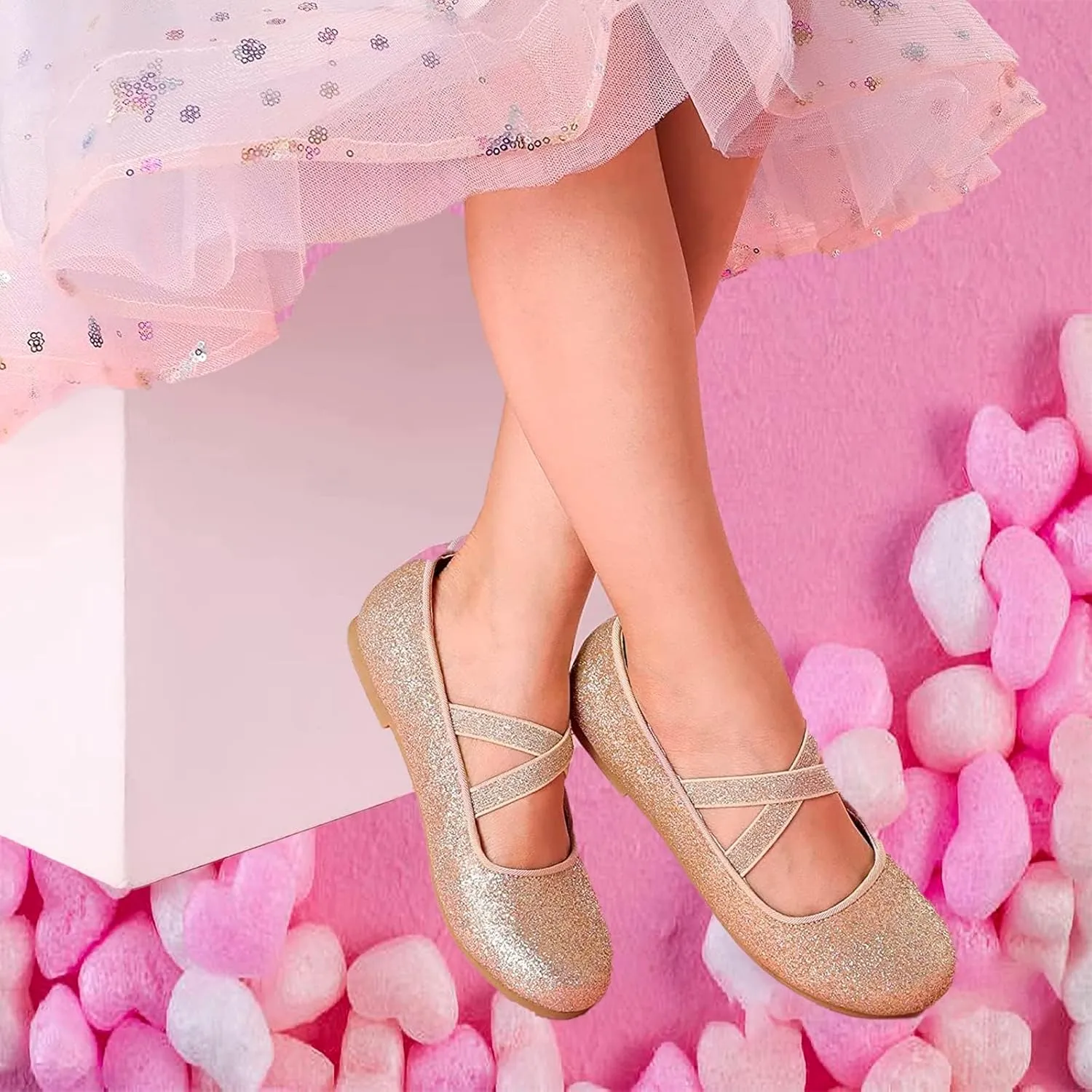 ZGDG Girls Flat Dress Shoes Ballet Shoes,Glitter Mary Jane Flats Wedding Party Ballerinas with Elastic Strap for Little/Big Kid