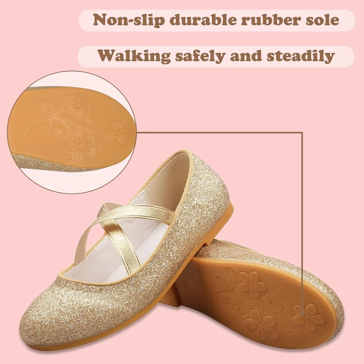ZGDG Girls Flat Dress Shoes Ballet Shoes,Glitter Mary Jane Flats Wedding Party Ballerinas with Elastic Strap for Little/Big Kid