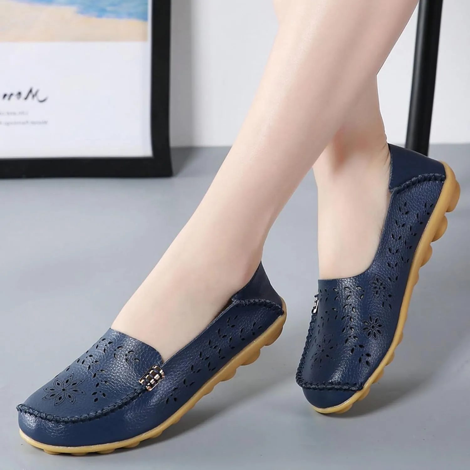 ZWRXW Leather Flats for Women Bohemian Hollow Out Comfort Walking Boat Shoe Summer Dressy Comfortable Breathable Flats Shoes Backless Round Toe Slip On Casual Sneakers Soft Nursing Work Shoes