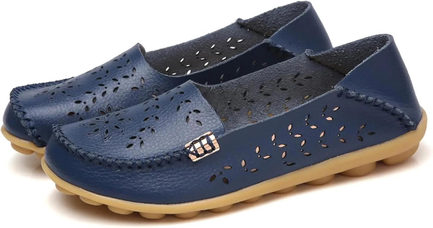 ZWRXW Leather Flats for Women Bohemian Hollow Out Comfort Walking Boat Shoe Summer Dressy Comfortable Breathable Flats Shoes Backless Round Toe Slip On Casual Sneakers Soft Nursing Work Shoes
