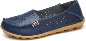 ZWRXW Leather Flats for Women Bohemian Hollow Out Comfort Walking Boat Shoe Summer Dressy Comfortable Breathable Flats Shoes Backless Round Toe Slip On Casual Sneakers Soft Nursing Work Shoes